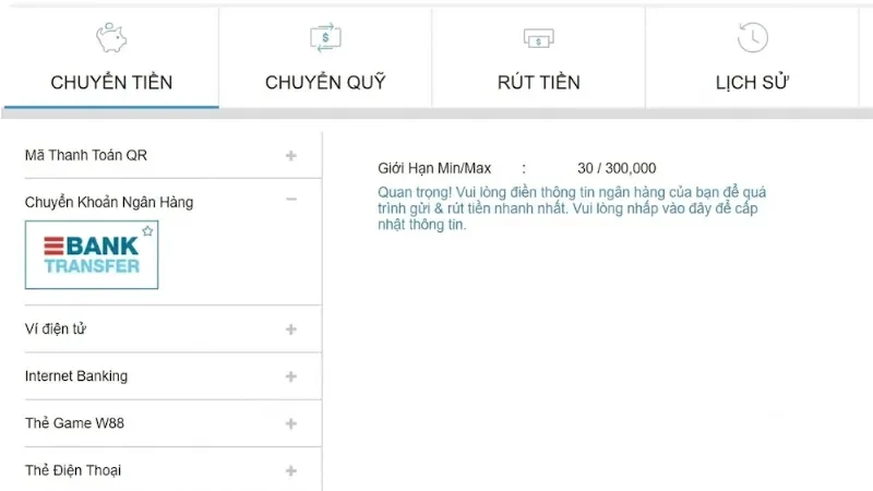 W88 15 Gửi tiền w88 nhanh chóng với ngân hàng